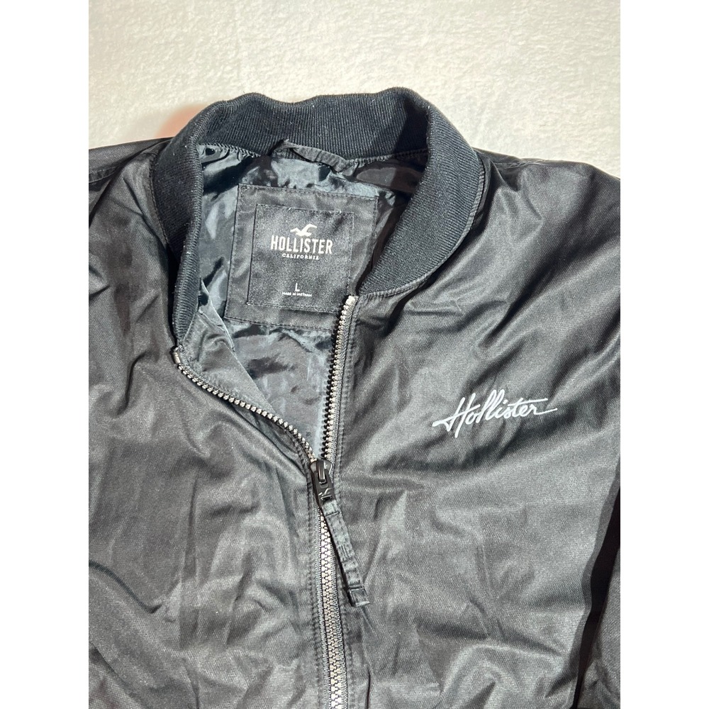 Hollister Mens Black Bomber Jacket Full Zip Embroidered Logo Size Large
